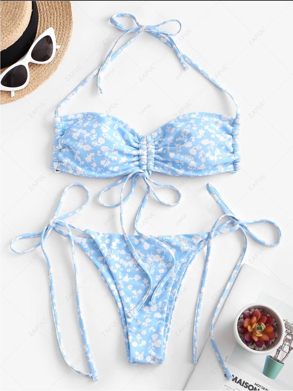 Blue Multiway Ditsy Print Cinched String Bikini Set